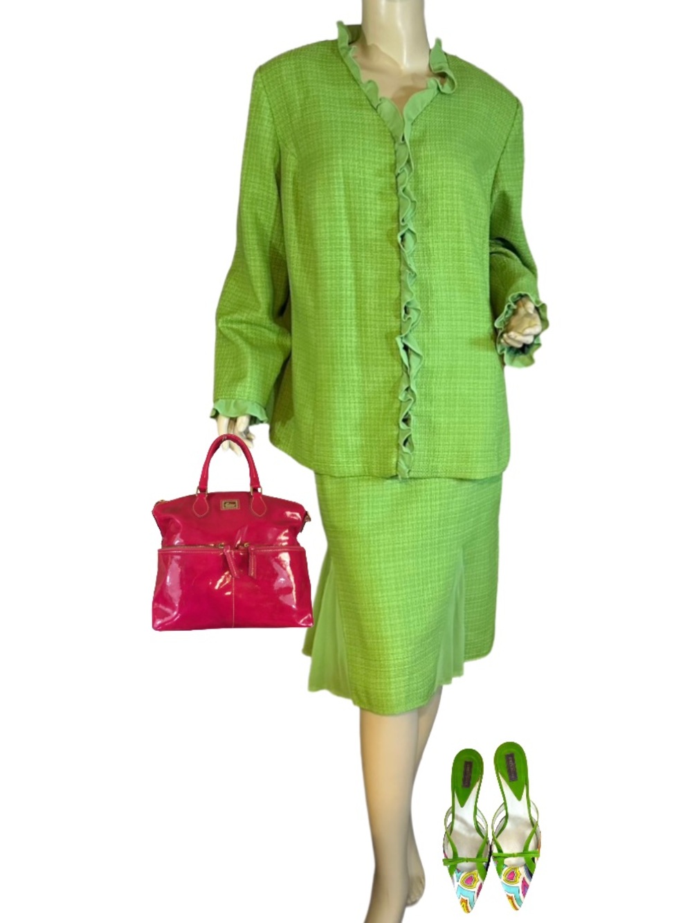 JG HOOK LIME GREEN TWEED SKIRT SUIT WITH CHIFFON RUFFLE ACCENTS (16)